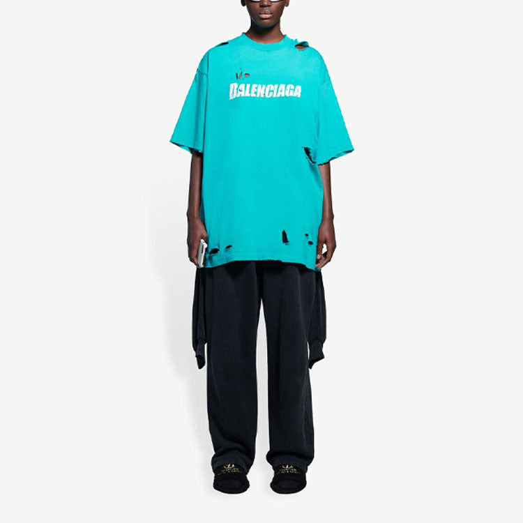 Men's Balenciaga SS21 Alphabet Printing Pattern Hole Round Neck Short Sleeve Green 651795TKVB84661