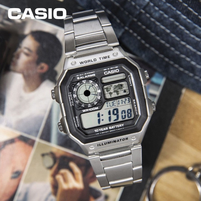 CASIO Male YOUTH Japan / South Korea Fashion Waterproof Mens Silver Digital AE-1200WHD-7A