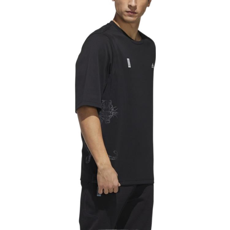 adidas Printing Brand Logo Solid Color Tiger Pattern Round Neck Short Sleeve Black GF3980