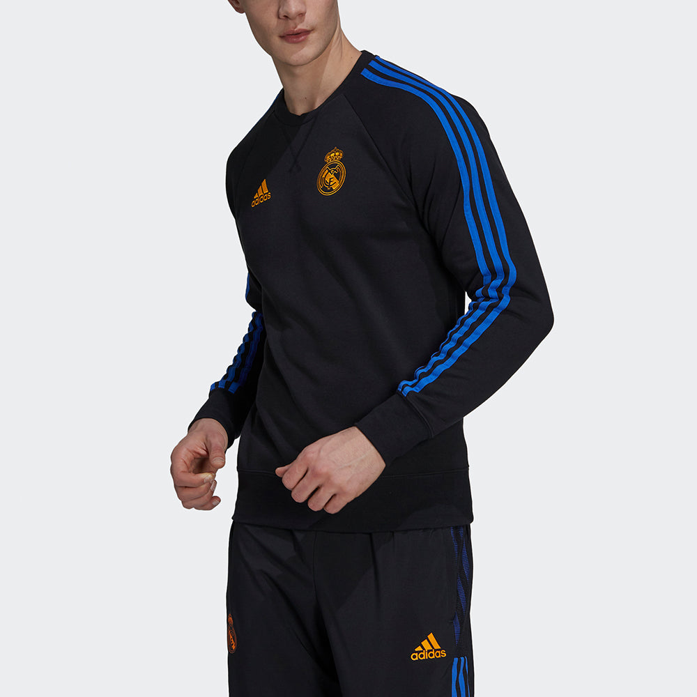 Men's adidas Real Swt Top Woven Real Madrid Team Logo Soccer/Football Round Neck Sports Black GU9706