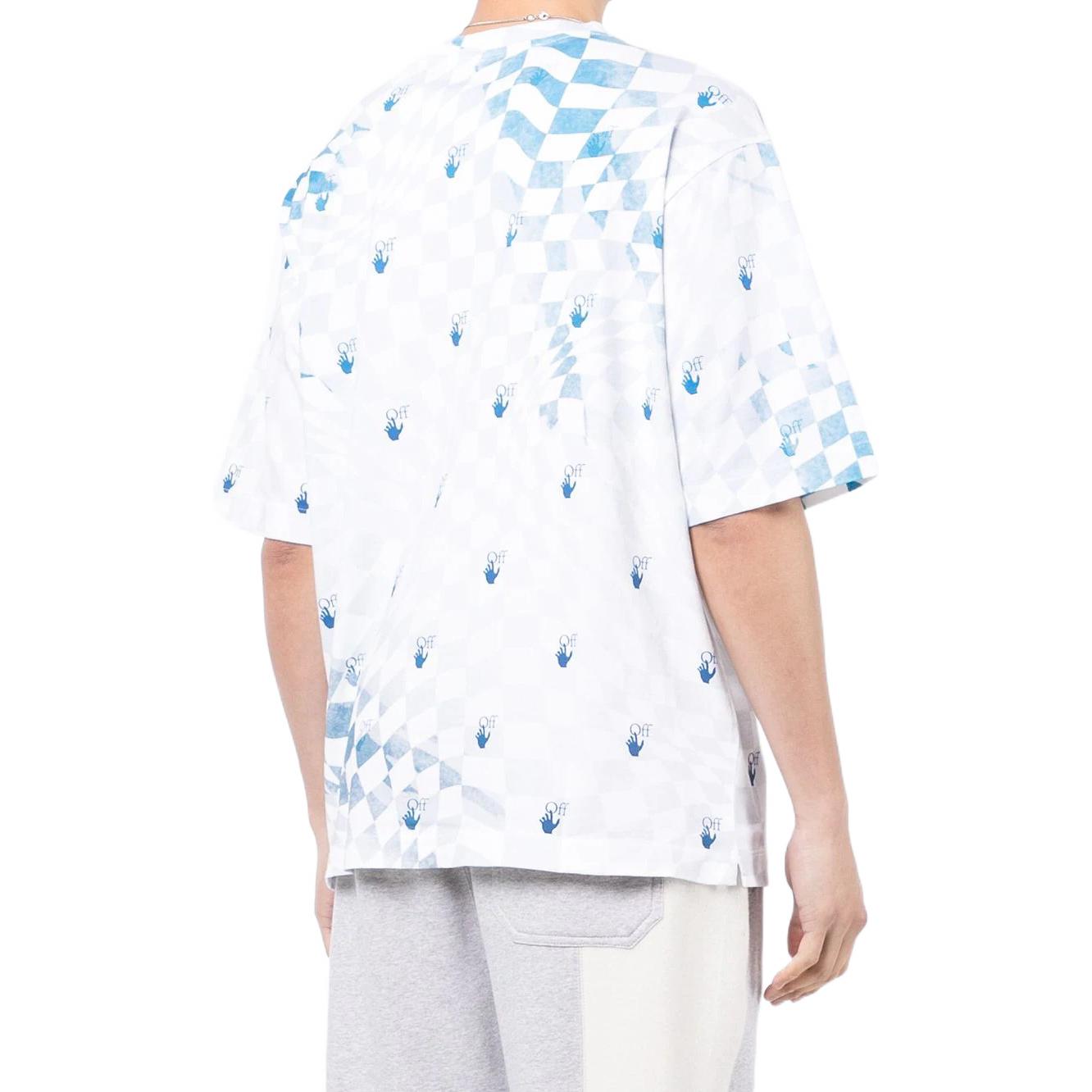 Men's Off-White FW22 Plaid Logo Printing Round Neck Short Sleeve Loose Fit Blue T-Shirt OMAA119G21JER0020145