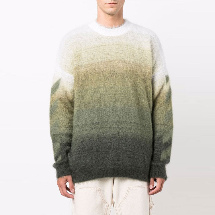 Men's Off-White Gradient Effect Round Neck Long Sleeves Wool Sweater Loose Fit Multicolor OMHE098F21KNI0015555