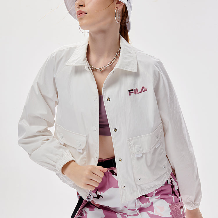 FILA FUSION Logo Embroidered Big Pocket Woven Loose Jacket White T11W133707F-WT