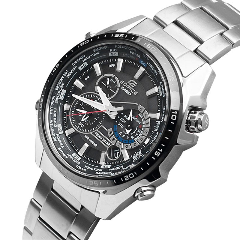 CASIO EDIFICE Solar Powered Stainless Steel Strap Quartz Waterproof Black DialSilver Strap Mens BlackSilver Analog EQS-500DB-1A1