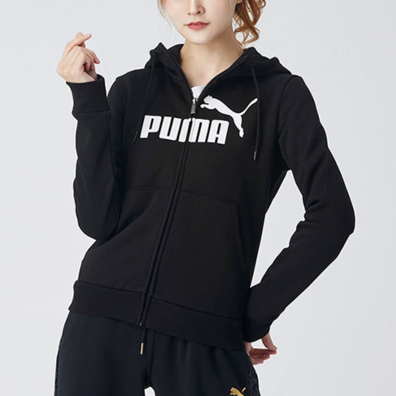 (WMNS) PUMA Essentials Full-Zip Hoodie 'Black White' 586547-01