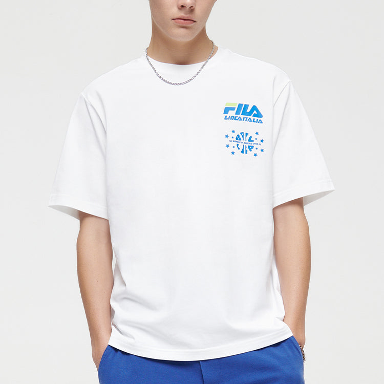 FILA FUSION Back Printing Loose Sports Round Neck Short Sleeve Couple Style White T81U125104A-WT