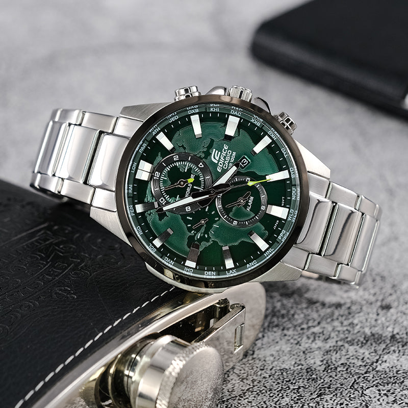 Men's CASIO Edifice World Map Series Fashion Business Stylish Metallic Strap Green Watch Mens Analog EFR-303DB-3AVUPR