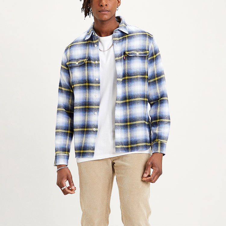 Men's Levis Series Colorblock Plaid Long Sleeves Shirt Blue White Plaid 19573-0121
