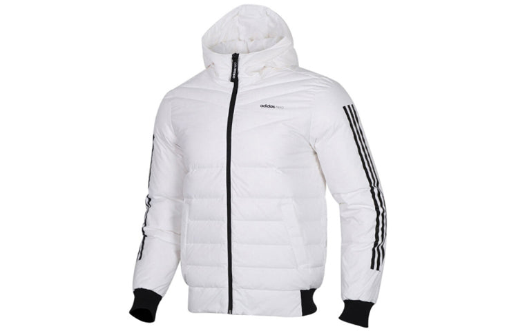 adidas neo MENS Sprty Puffer 3 Stripes Tat Hoodie Down Jacket White EI4433