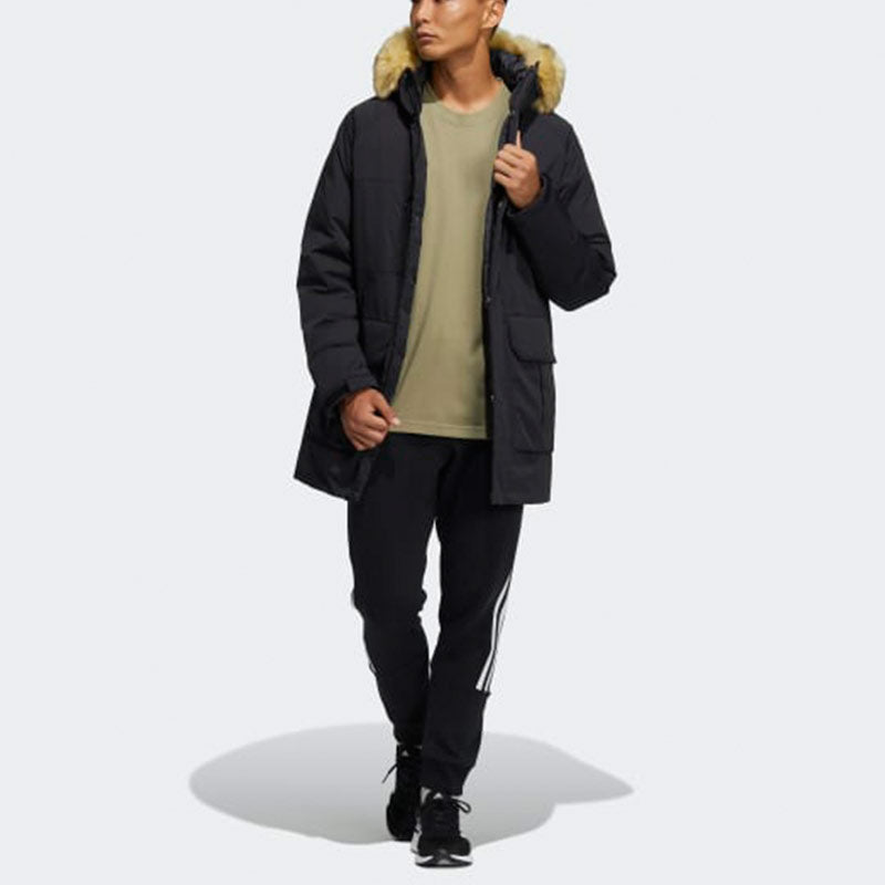adidas Down Parka Outdoor Solid Color mid-length hooded Stay Warm Down Jacket Black H20761