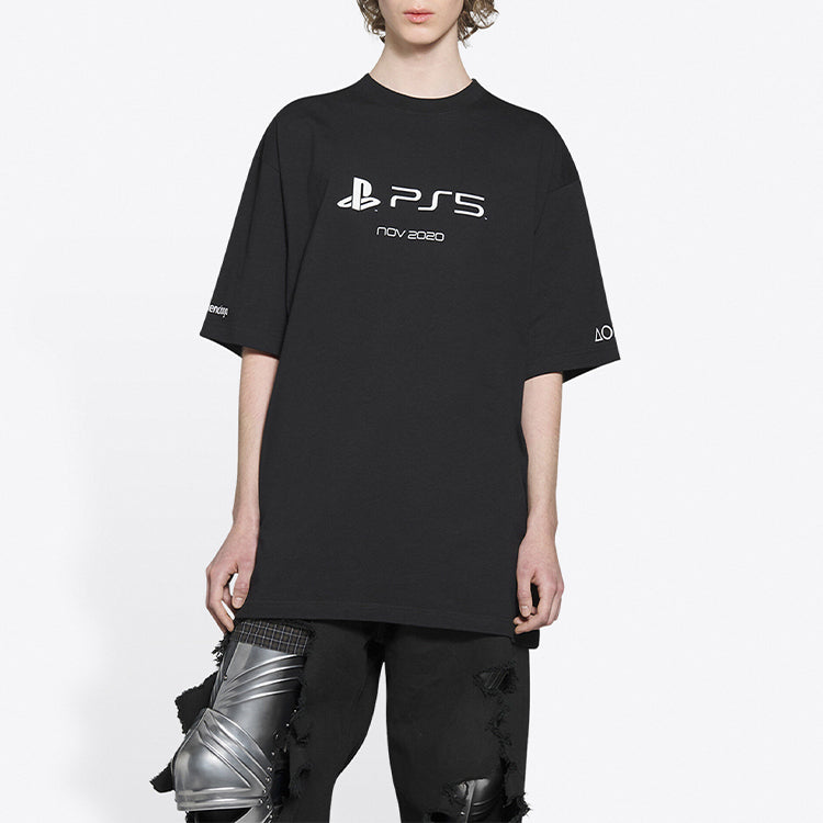 Balenciaga x PlayStation Crossover Ps5 Alphabet Geometry Pattern Printing Short Sleeve Unisex Black 651795TKVF31070
