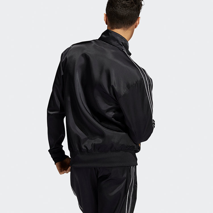Men's adidas originals Stand Collar Stripe Zipper Ribbed Cuff Long Sleeves logo Sports Jacket Black H31290