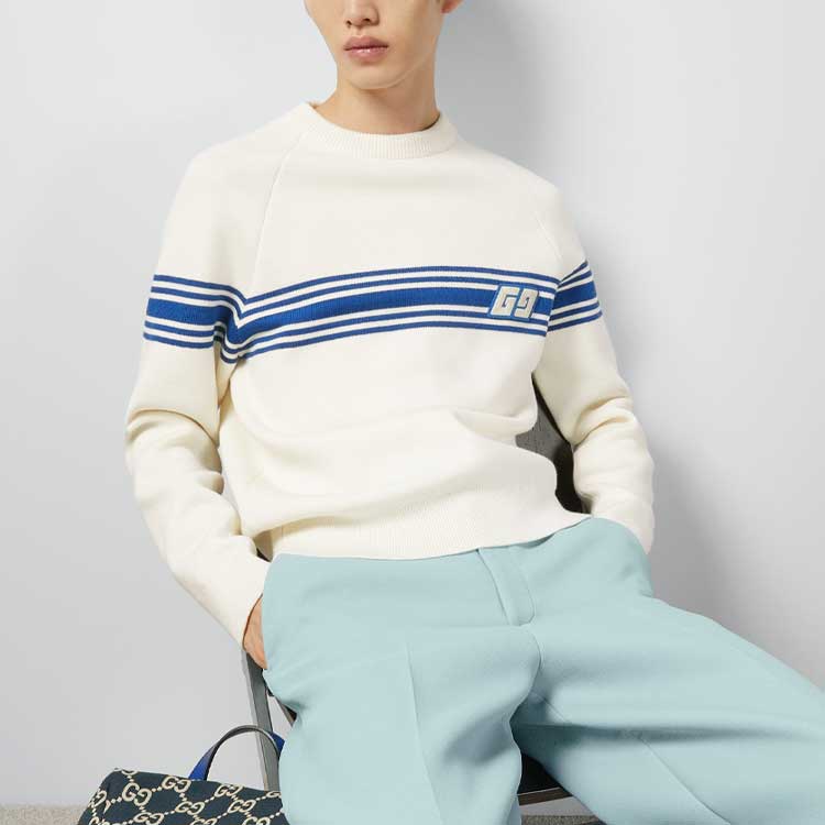 Gucci Knit Wool Sweater With Square GG 'Ivory Blue' 763398-XKDO1-9174