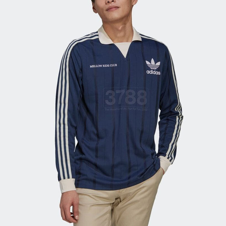 Men's adidas originals Stripe Logo Long Sleeves Blue Polo Shirt HN1676