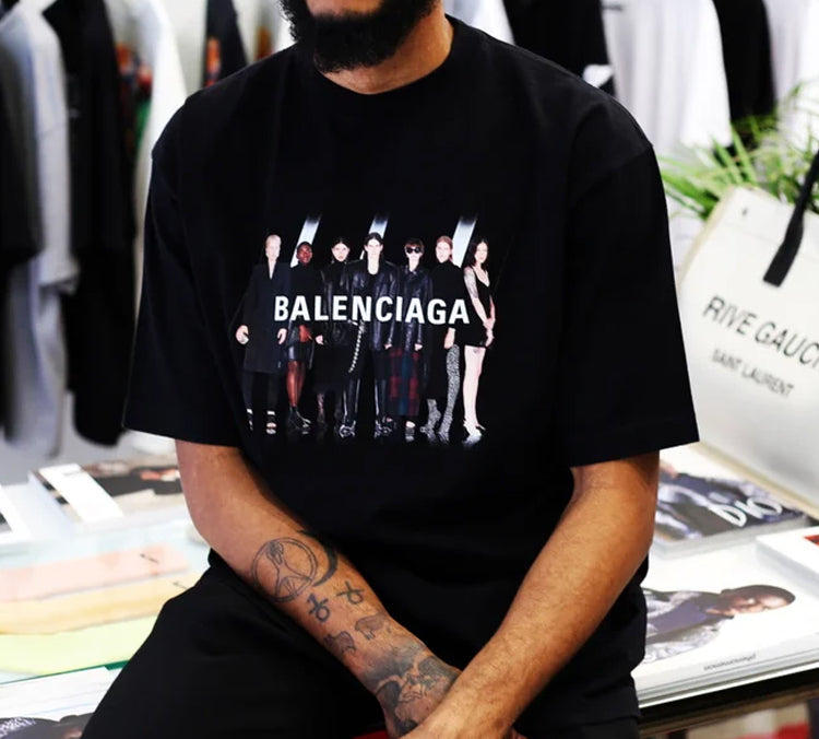Men's Balenciaga Oversize Logo Printing Retro Shoulder Drop Short Sleeve Black 620969TIVA11000