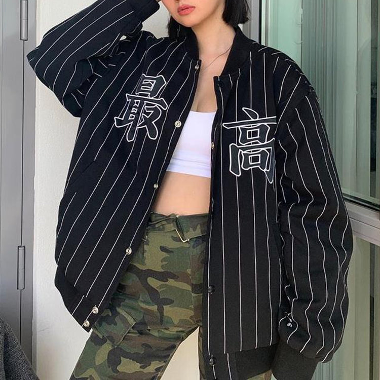 Supreme SS19 Pinstripe Varsity Jacket Stripe Round Neck Unisex Black SUP-SS19-977