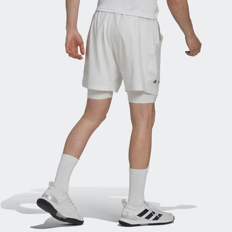 Men's adidas Solid Color 2 In 1 Athleisure Casual Sports Straight Tennis Shorts White HC8538