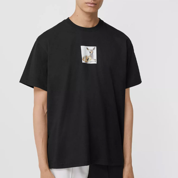Men's Burberry Deer Print Cotton Oversized Printing Short Sleeve Black 80223691