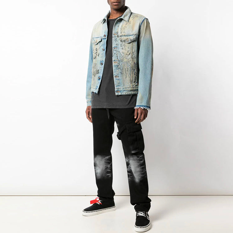 Men's Off-White Graffiti Denim Blue Jacket OMYE049F193860441428
