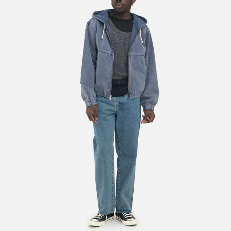 Men's Stussy SS22 Stone Washed Work Jacket Blue Metallic Zipper Hooded Jacket 115632