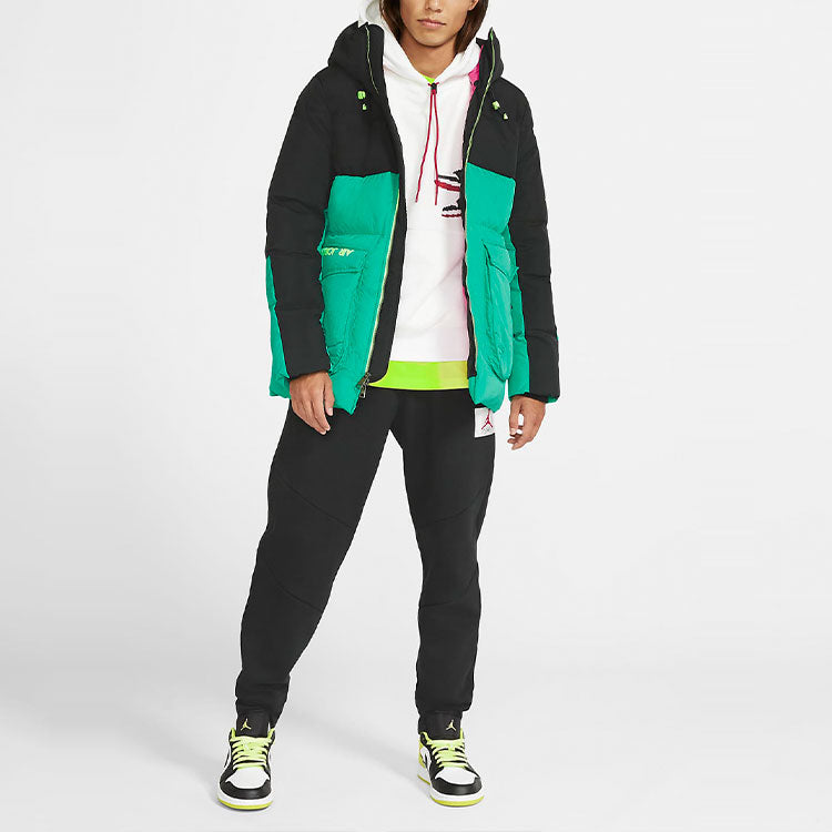 Air Jordan Casual Sports hooded Stay Warm Down Jacket Black Green Colorblock CK6662-011