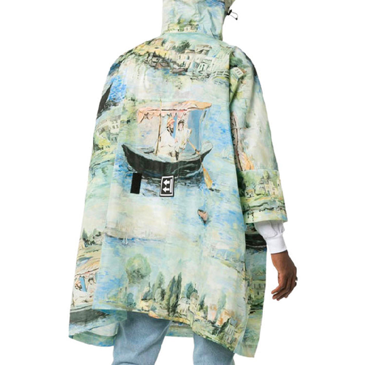 Men's Off-White Painting Pattern Mid-Length Nylon Pullover Hooded Loose Fit Green Windbreaker OMEI001R19C130219900