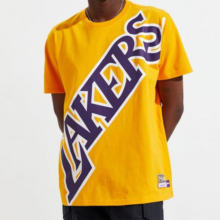 Men's Mitchell & Ness Big Face Series Los Angeles Lakers Large Logo Printing Short Sleeve Yellow SSTEBW19070-LALGOLD