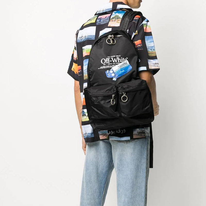 Off-White 20 Logo Slogan Alphabet Printing Industrial Style Multiple Pockets Backpack Schoolbag OMNB003F20FAB0021001