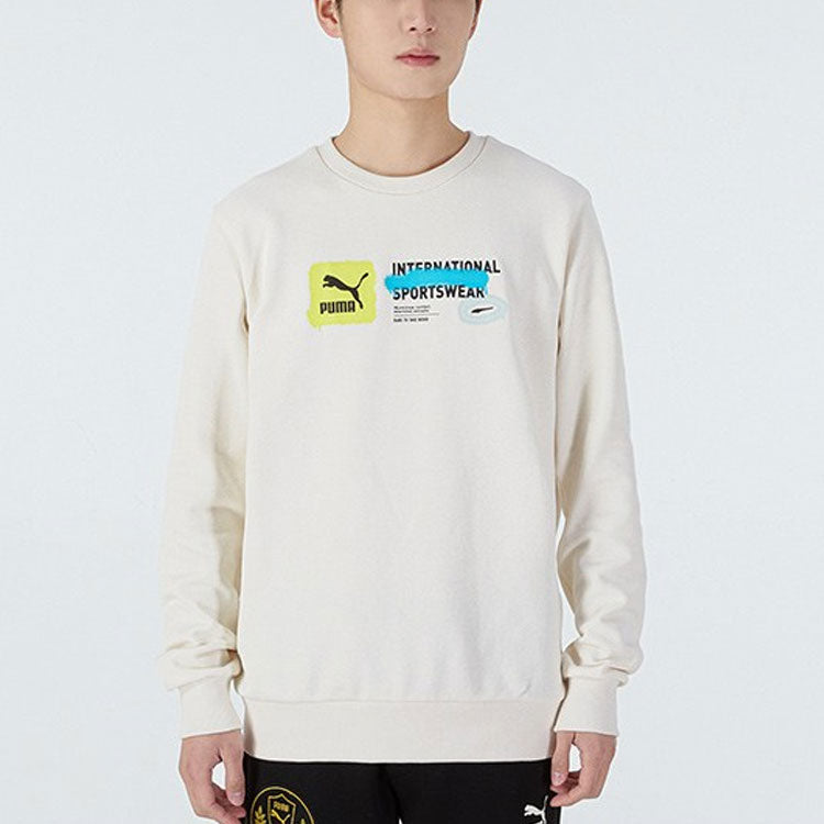 PUMA Logo Pattern Printing Sports Round Neck Pullover White 536304-65