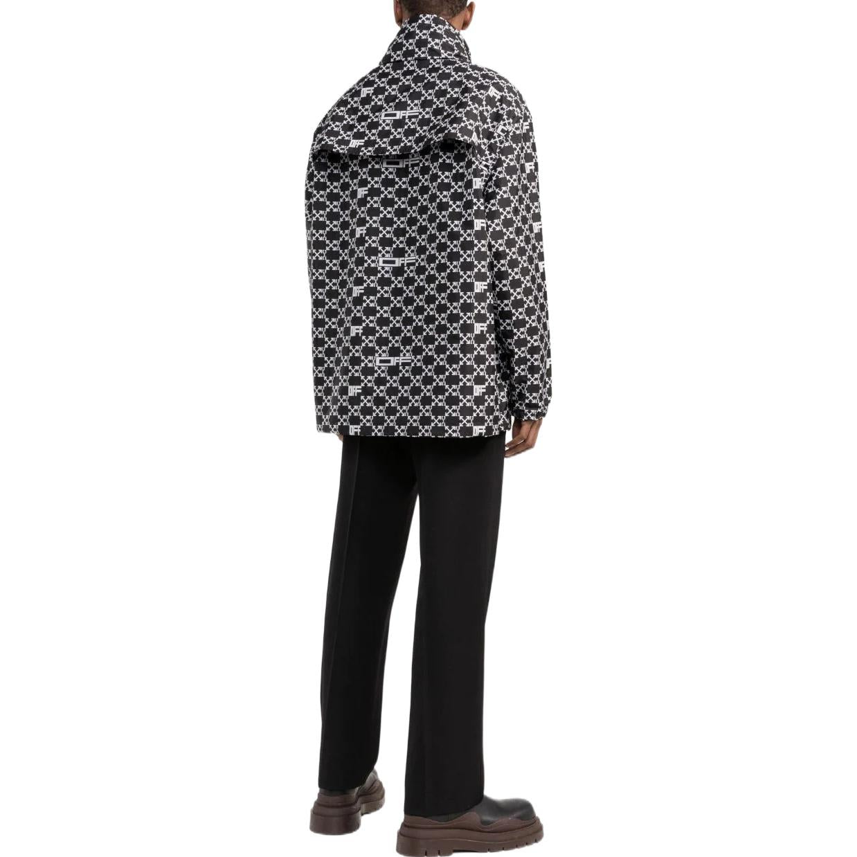 Men's Off-White SS22 Geometry Pattern Full Print Stand Collar Hooded Jacket Version Autumn Black OMEB034S22FAB0011001
