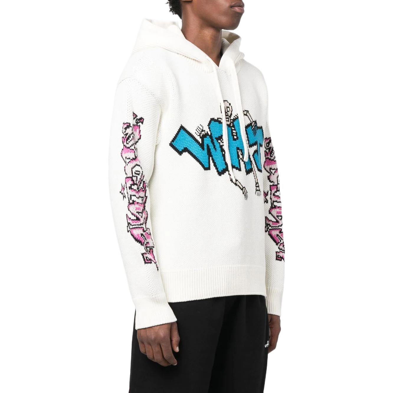 Men's Off-White FW22 Solid Color Graffiti Long Sleeves Hooded Knit White OMHA167F22KNI0010384