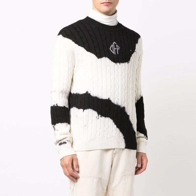 Men's Off-White FW21 Tie Dye Pattern Colorblock Knit Round Neck Pullover Wool Sweater Loose Fit White OMHE102F21KNI0028410