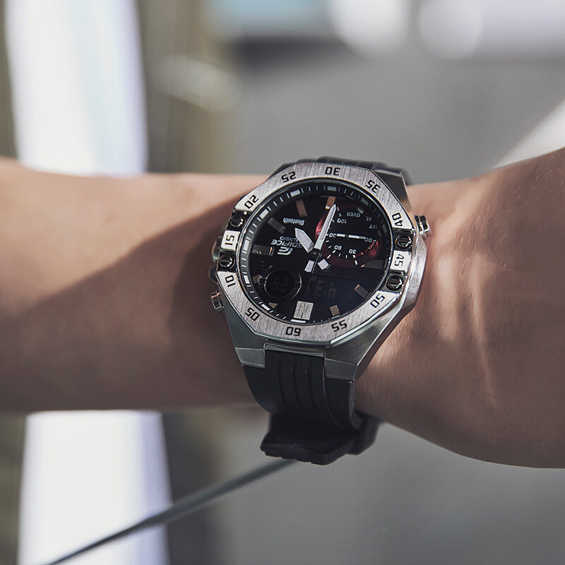 CASIO EDIFICE Waterproof Sports Sapphire Crystal Quartz Solar Powered Mens SilverBlack Analog/Digital Combo ECB-10YP-1A