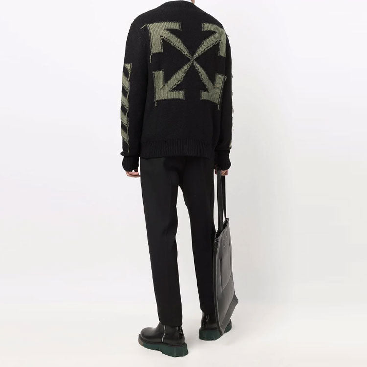 Men's Off-White FW21 Arrow Pattern Round Neck Pullover Wool Sweater Loose Fit Black OMHE088F21KNI0011055