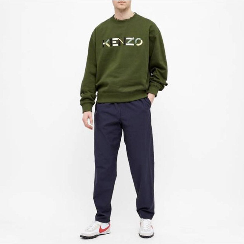 Men's KENZO SS21 Embroidered logo Fleece Lined Pullover Olive Green FB55SW5234MO-51