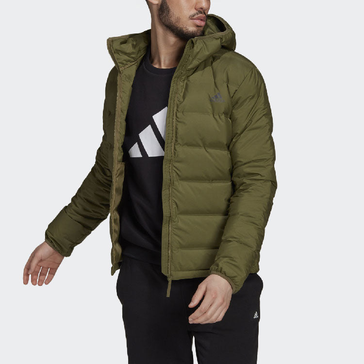 Men's adidas Logo Long Sleeves Hooded Stay Warm With Down Feather Green Jacket GU3954