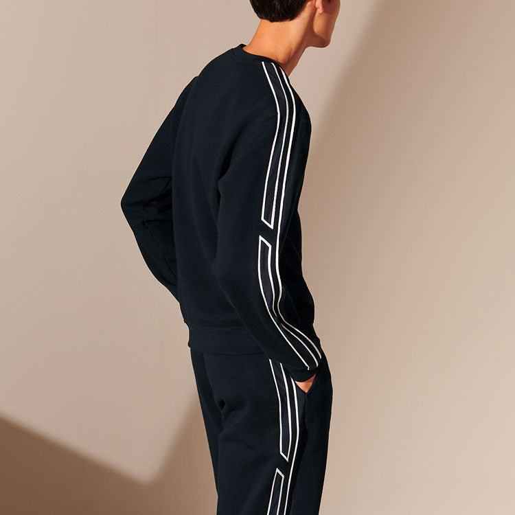 Men's HERMES FW21 Shoulder Stripe Splicing Long Sleeves Round Neck Sports Navy Blue H167515HA01