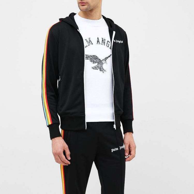 Men's PALM ANGELS Rainbow Stripe Printing hooded Sports Black PMBD025E20FAB0041084