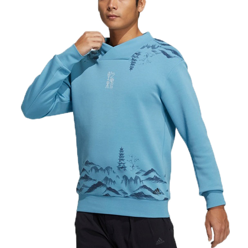 Men's adidas Wj Story Swt Martial Arts Series Ink Printing V Sports Pullover Blue H39288