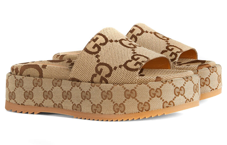 (WMNS) Gucci GG Lame Platform Slide Sandal 'Camel Monogram' 623212-UKO00-2580