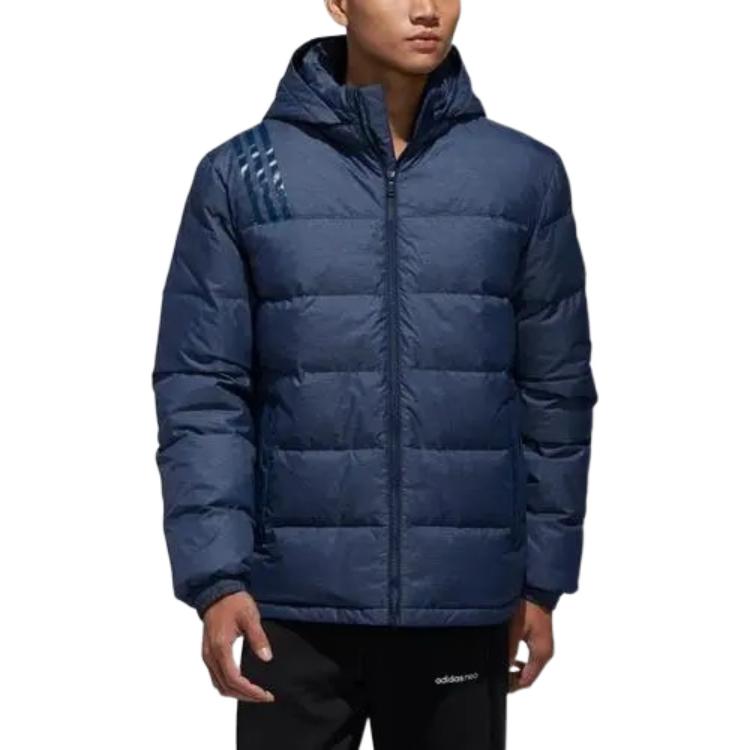 adidas Solid Color Hooded  three stripes Down Jacket Men's Navy Blue DM4210