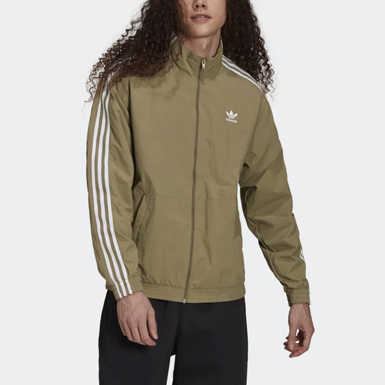 Men's adidas originals Logo Small Logo Zipper Stand Collar Stripe Sports Jacket Brown H41390