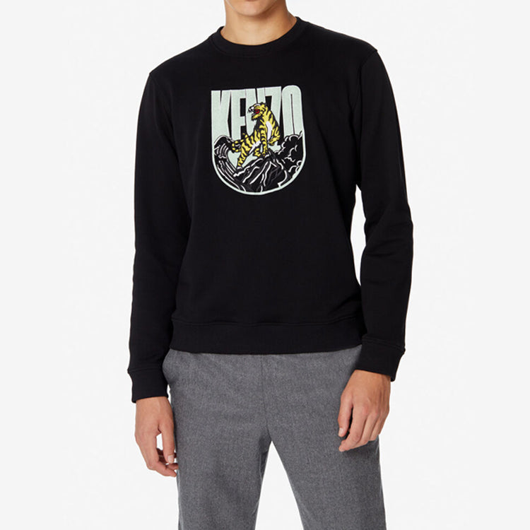 Men's KENZO Embroidered Cotton Round Neck Long Sleeves Black F96-5SW125-4X6-99