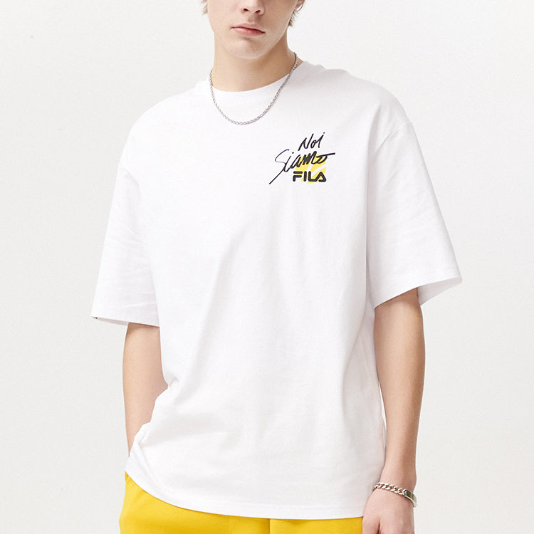 Men's FILA FUSION Alphabet Printing Loose Round Neck Knit Short Sleeve White T11M121107F-WT