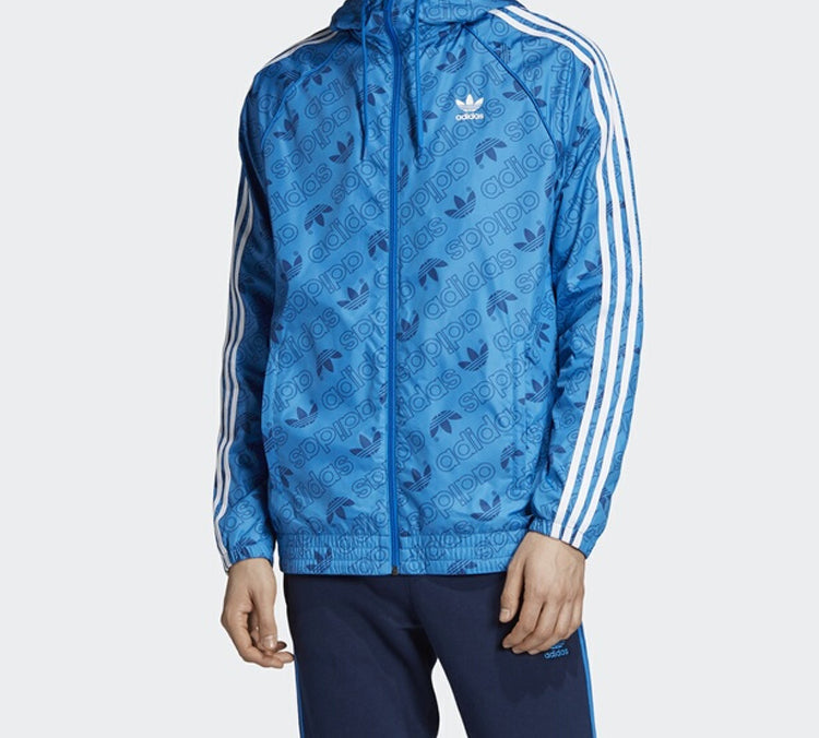 adidas originals Mono Windbreak Full Print Logo hooded Jacket Blue ED7046