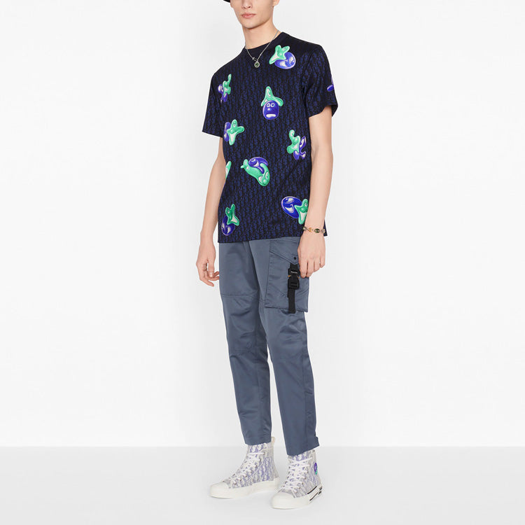 Men's DIOR x KENNY SCHARF Crossover FW21 Cotton Jacquard Pattern Short Sleeve Navy Blue 193J685C0704-C589