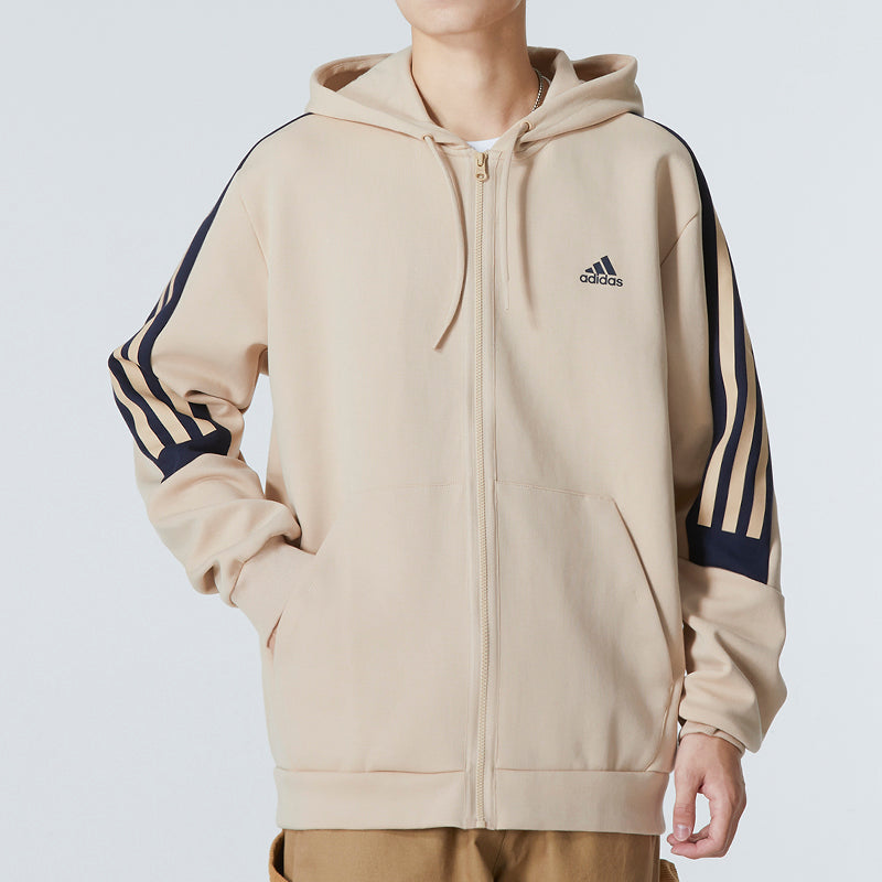 Men's adidas FI 3S FZ Athleisure Casual Sports Hooded Stripe Knit Jacket Khaki HK4570