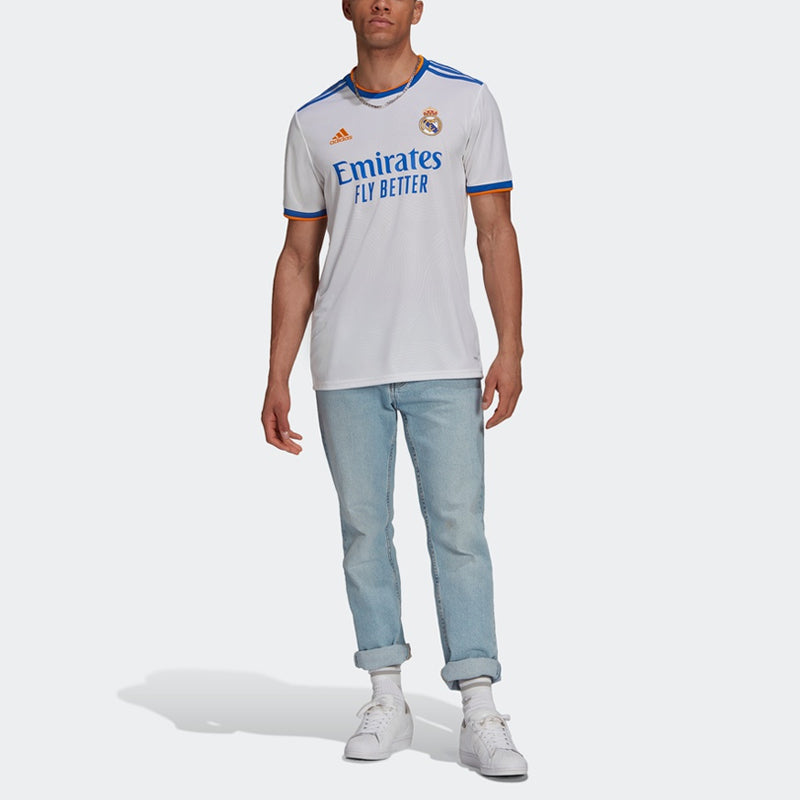 adidas real Madrid 21-22 Season SW Fan Edition Home Alphabet Logo Stripe Sports Short Sleeve Soccer/Football Jersey White GQ1359