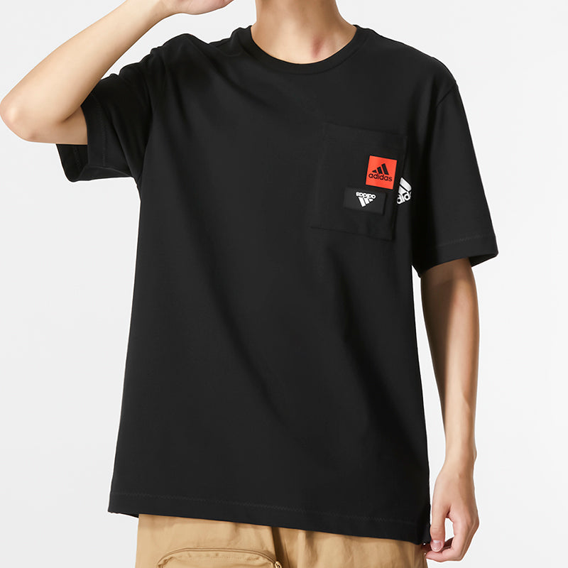 Men's adidas Solid Color Logo Pocket Athleisure Casual Sports Round Neck Short Sleeve Black T-Shirt HM2958