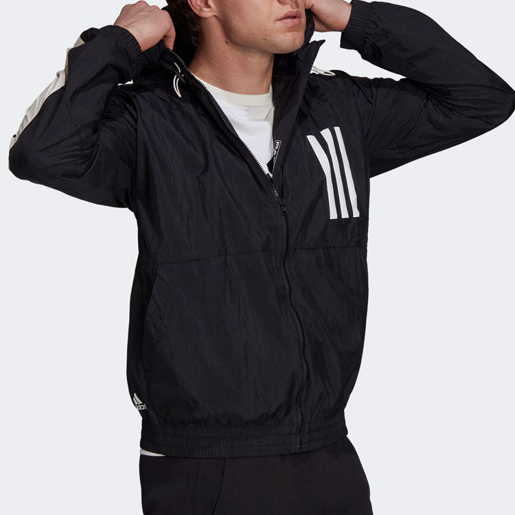 Men's adidas Wnd Mother Contrasting Colors Windproof Hooded Logo Jacket Black GT9769
